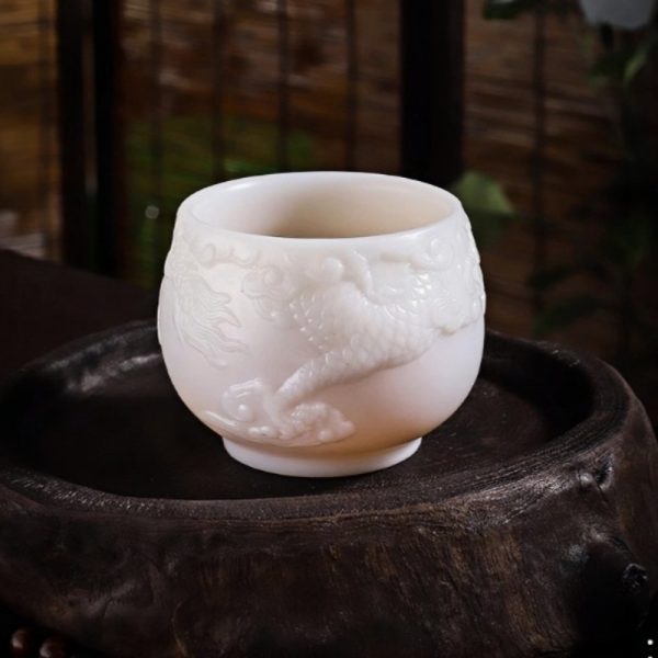 High-transmittance Ice Jade Porcelain Kung Fu Tea Cup with Embossed Flying Dragon