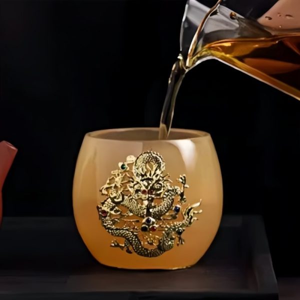 Year of The Dragon Tea Cup Coloured Glaze Inlaid Gold Coiled Dragon Tea Cup