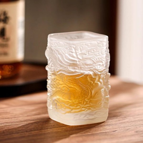 Antique Hand-carved Golden Dragon Frosted Clear Crystal Glass Tea Cup