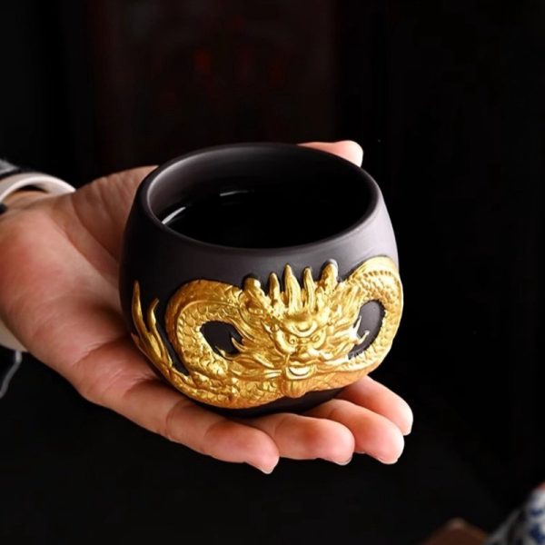Inlaid Embossed Golden Dragon Yixing Clay Tea Cup