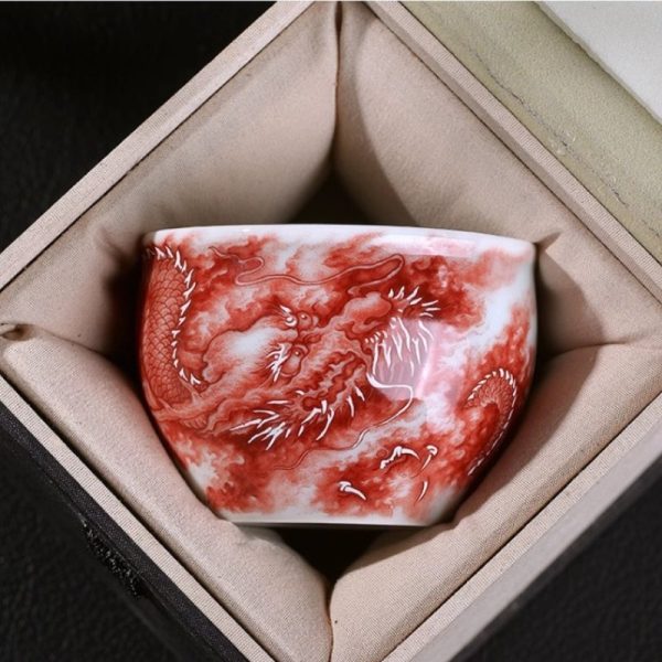 Vintage Alum Red Underglaze Painting Dragon Chinese Chawan Gongfu Tea Cup
