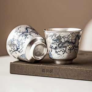 Sterling Silver Glaze Porcelain Hand Painted Chinese Dragon Tea Cup