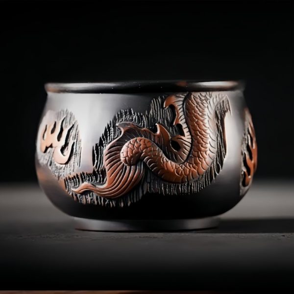 Authentic Hand-carved Embossed Chinese Dragon Jianshui Purple Pottery Tea Cup