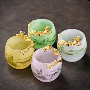 Elegant Landscape Painting Colored Glaze Inlaid Gold Dragon Tea Cup