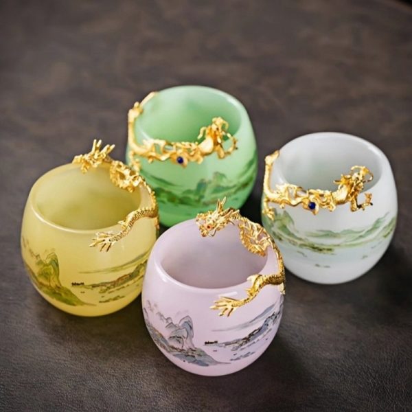 Elegant Landscape Painting Colored Glaze Inlaid Gold Dragon Tea Cup