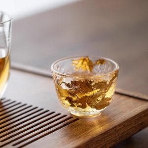 Antique Handmade Crystal Fancy Clear Glass Tea Cup with Relief and Inlaid Gold Dragon