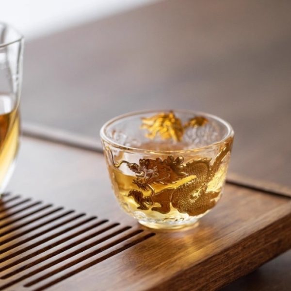 Antique Handmade Crystal Fancy Clear Glass Tea Cup with Relief and Inlaid Gold Dragon