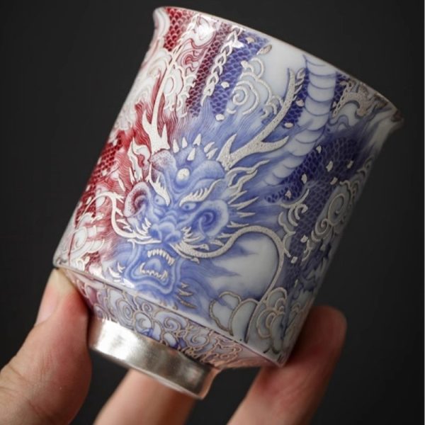 Sterling Silver Glaze Hand Painted Dragon Antique Japanese Porcelain Tea Cups