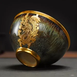 Inlaid Golden Dragon Tenmoku Jianzhan Ceramic Tea Cup