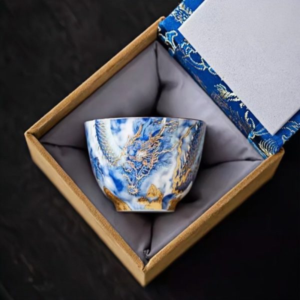 Hand Painted Gold Inlaid Blue Dragon Ceramic Gong Fu Tea Cup
