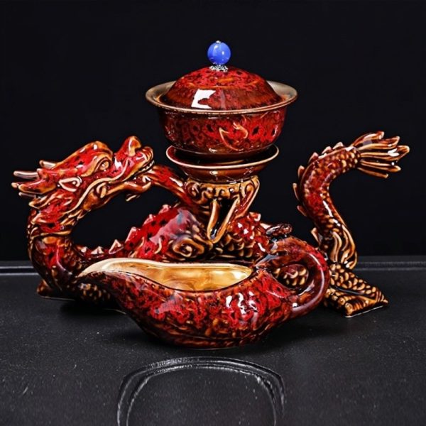 Handmade Antique Chinese Red Kiln Change Lazy Semi-Automatic Dragon Themed Porcelain Tea Set