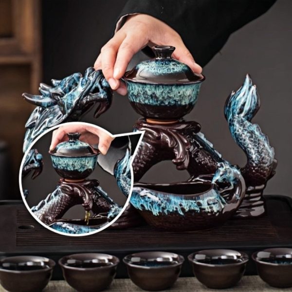 Refined Chinese Blue Dragon Kiln Change Antique Semi-Automatic Gongfu Tea Cup Set