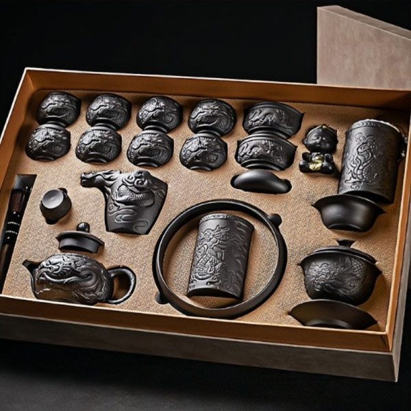 Authentic Yixing Purple Clay Year of the Dragon Gongfu Tea Set with Antique Chinese Dragon Carving