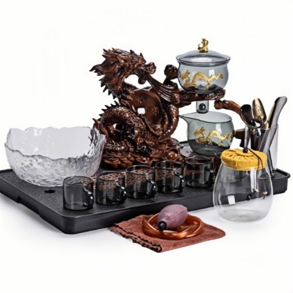 Antique Luxurious Year of the Dragon Semi-Automatic Glass Tea Set with Gold Dragon Design