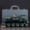 Luxury Vintage Chinese Green Ice Crackle Glaze Gongfu Tea Pot Set with Gold Inlaid Jade Dragon and Phoenix