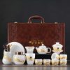 Antique Chinese Colored Glaze Gongfu Tea Set with Gold Inlaid White Jade Dragon and Phoenix Design