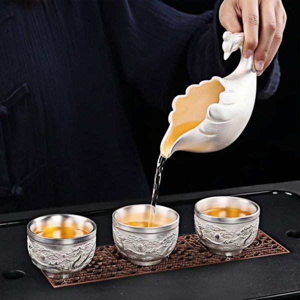 Vintage Chinese Silver Dragon Lazy Semi-Automatic Handmade Gongfu Tea Cup Set For Sale
