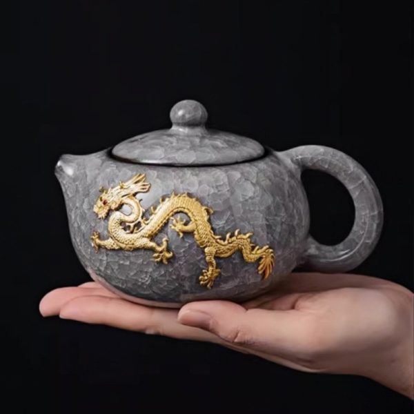 Classic Chinese Vintage Ice Crackle Glaze Black Porcelain Gongfu Tea Set with Elegant Gold Inlaid Jade Dragon