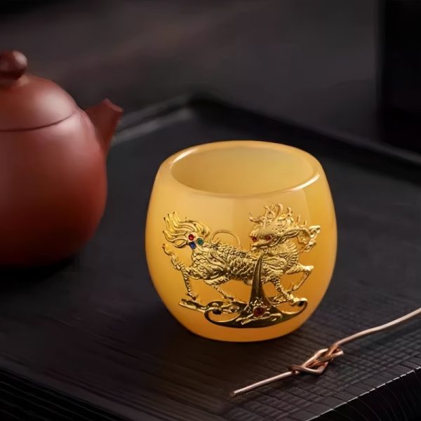 Year of The Dragon Tea Cup Coloured Glaze Inlaid Gold Coiled Dragon Tea Cup