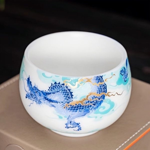 Ice Jade Porcelain Hand Drawn Blue Dragon Tea Cup