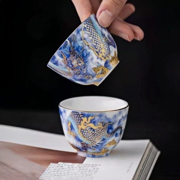 Hand Painted Gold Inlaid Blue Dragon Ceramic Gong Fu Tea Cup