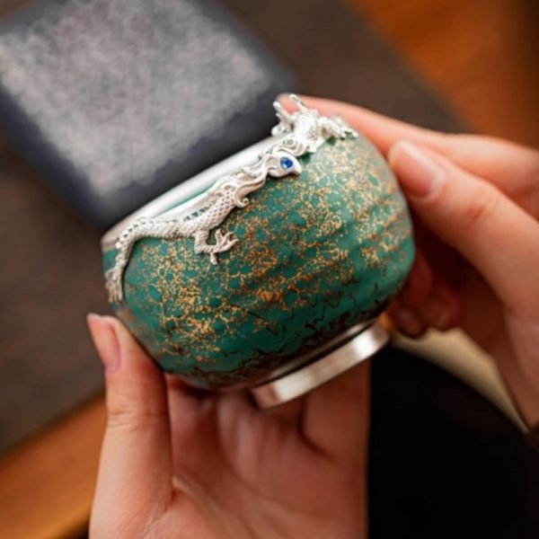 Antique Turquoise Gold Glaze Green Ceramic Year of The Dragon Tea Cup with Silver Dragon