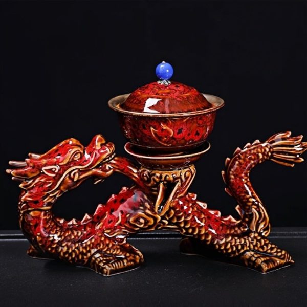 Handmade Antique Chinese Red Kiln Change Lazy Semi-Automatic Dragon Themed Porcelain Tea Set