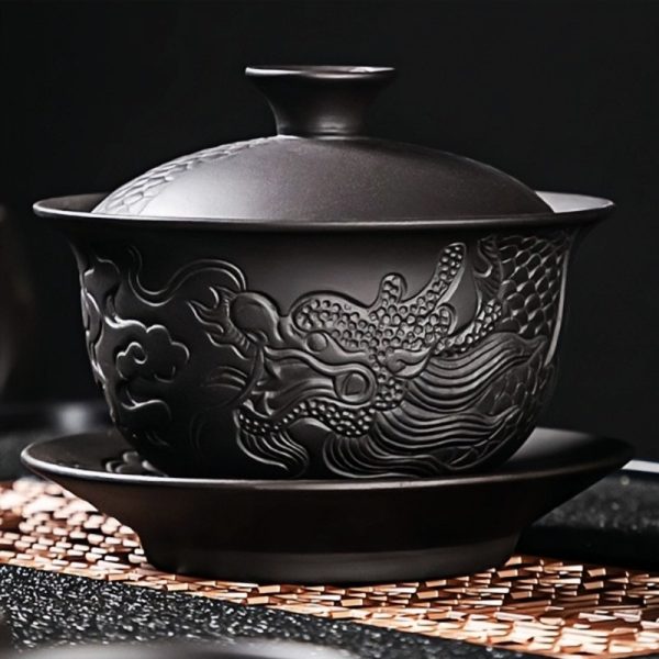 Authentic Yixing Purple Clay Year of the Dragon Gongfu Tea Set with Antique Chinese Dragon Carving
