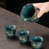 Luxury Vintage Chinese Green Ice Crackle Glaze Gongfu Tea Pot Set with Gold Inlaid Jade Dragon and Phoenix