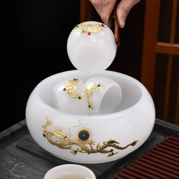 Antique Chinese Colored Glaze Gongfu Tea Set with Gold Inlaid White Jade Dragon and Phoenix Design