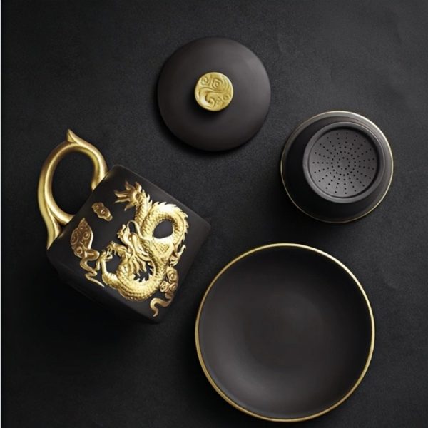 Delicate Inlaid Gold Auspicious Dragon Purple Clay Tea Cup Mug with Infuser