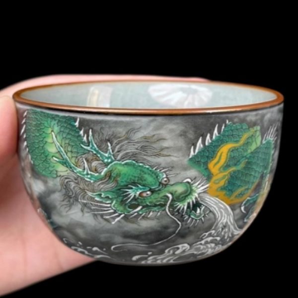 Hand Drawn Porcelain Ink Color Green Dragon Kung Fu Tea Cup