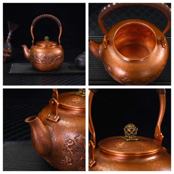 Best Large Antique Copper Teapot Kettle with Intricate Old Carved Dragon Design