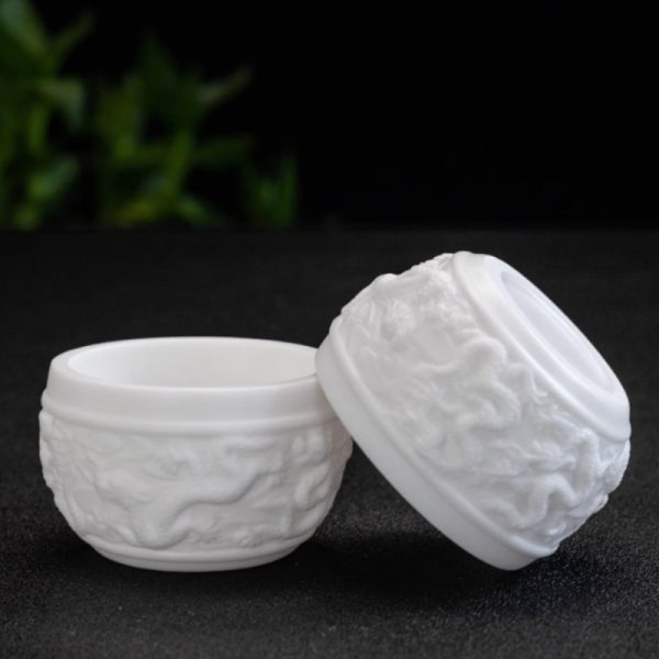 Handmade Embossed Flying Dragon White Jade Porcelain Kung Fu Tea Cup