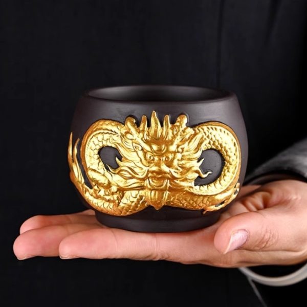 Inlaid Embossed Golden Dragon Yixing Clay Tea Cup