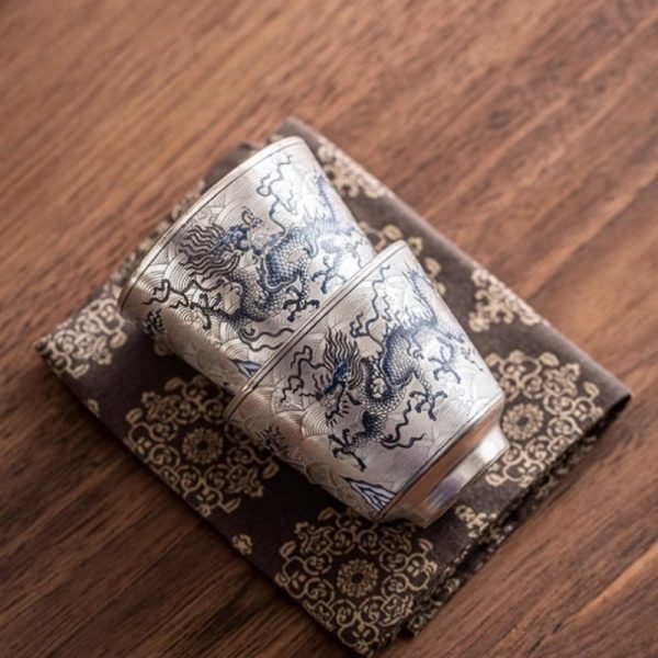 Sterling Silver Glaze Porcelain Hand Painted Chinese Dragon Tea Cup