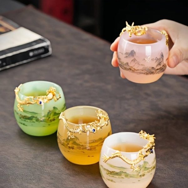 Elegant Landscape Painting Colored Glaze Inlaid Gold Dragon Tea Cup