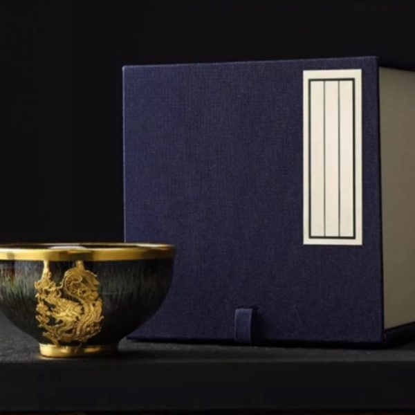 Inlaid Golden Dragon Tenmoku Jianzhan Ceramic Tea Cup