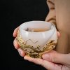 Ink White Jade Colored Glaze Chinese Chawan Tea Cup Inlaid with Golden Dragon