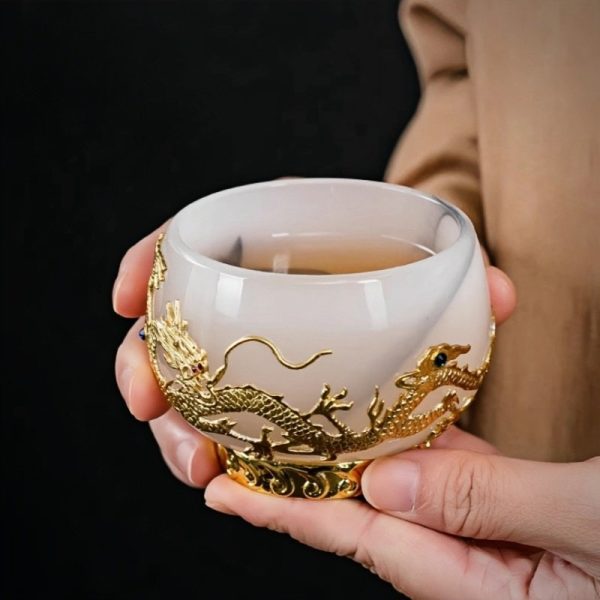 Ink White Jade Colored Glaze Chinese Chawan Tea Cup Inlaid with Golden Dragon