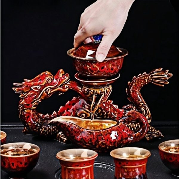 Handmade Antique Chinese Red Kiln Change Lazy Semi-Automatic Dragon Themed Porcelain Tea Set