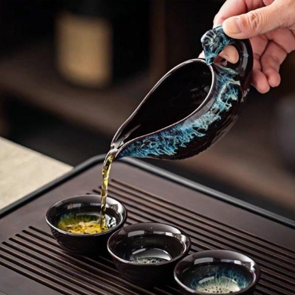 Refined Chinese Blue Dragon Kiln Change Antique Semi-Automatic Gongfu Tea Cup Set