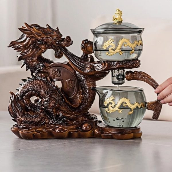 Antique Luxurious Year of the Dragon Semi-Automatic Glass Tea Set with Gold Dragon Design