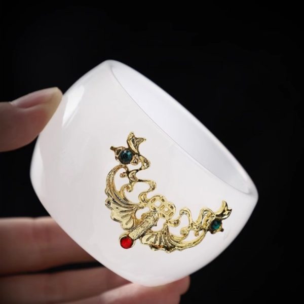 Antique Chinese Colored Glaze Gongfu Tea Set with Gold Inlaid White Jade Dragon and Phoenix Design