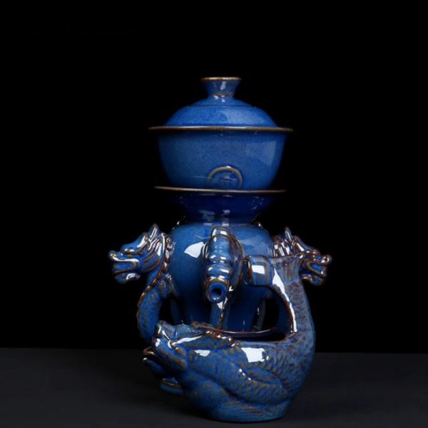Exquisite Chinese Vintage Blue Majestic Five Dragon Head Kungfu Tea Sets Lazy Semi-Automatic