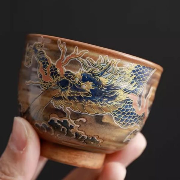 Year of The Dragon Hand Painted Ceramic Tea Cup With Dragon Spraying Water Pattern