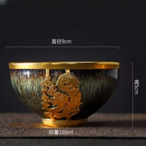 Inlaid Golden Dragon Tenmoku Jianzhan Ceramic Tea Cup