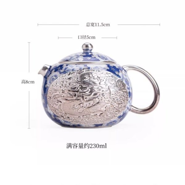 Vintage Ceramic Teapot With Blue And White Relief Pattern Featuring Silver Dragon And Phoenix