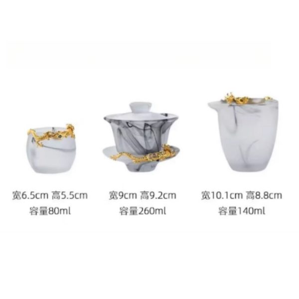 Luxury Chinese Gongfu Tea Cup Set with Colored Glaze and Gold Dragon Figurine in Ink Painting Style