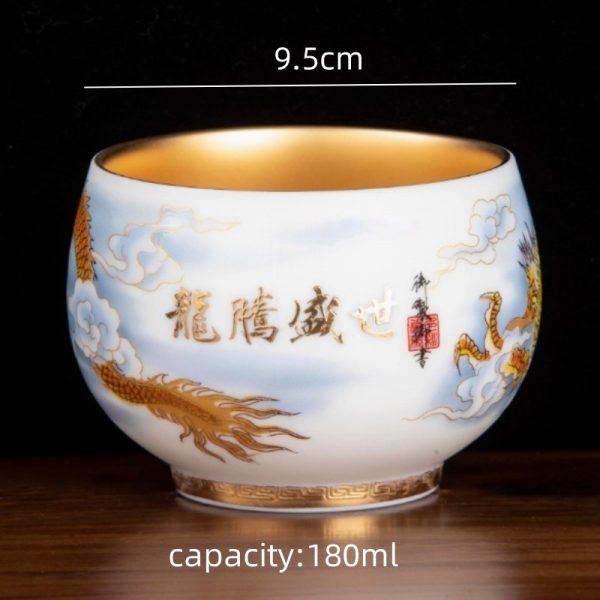 Pure Gold Glaze liner with Hand-painted Golden Dragon Porcelain Tea Cup